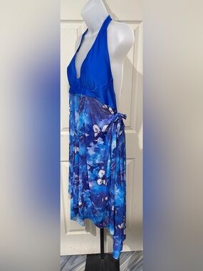 Plus Size Blue Halter Swimsuit with Sheer Butterfly Maxi Skirt